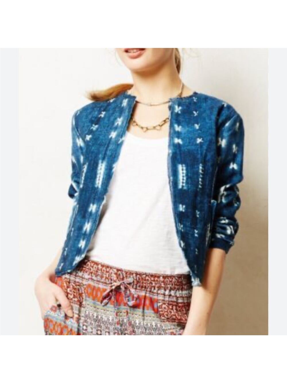ANTHROPOLOGIE JIL SHIBORI GREYLIN DENIM PATTERNED BLAZER BLUE XS